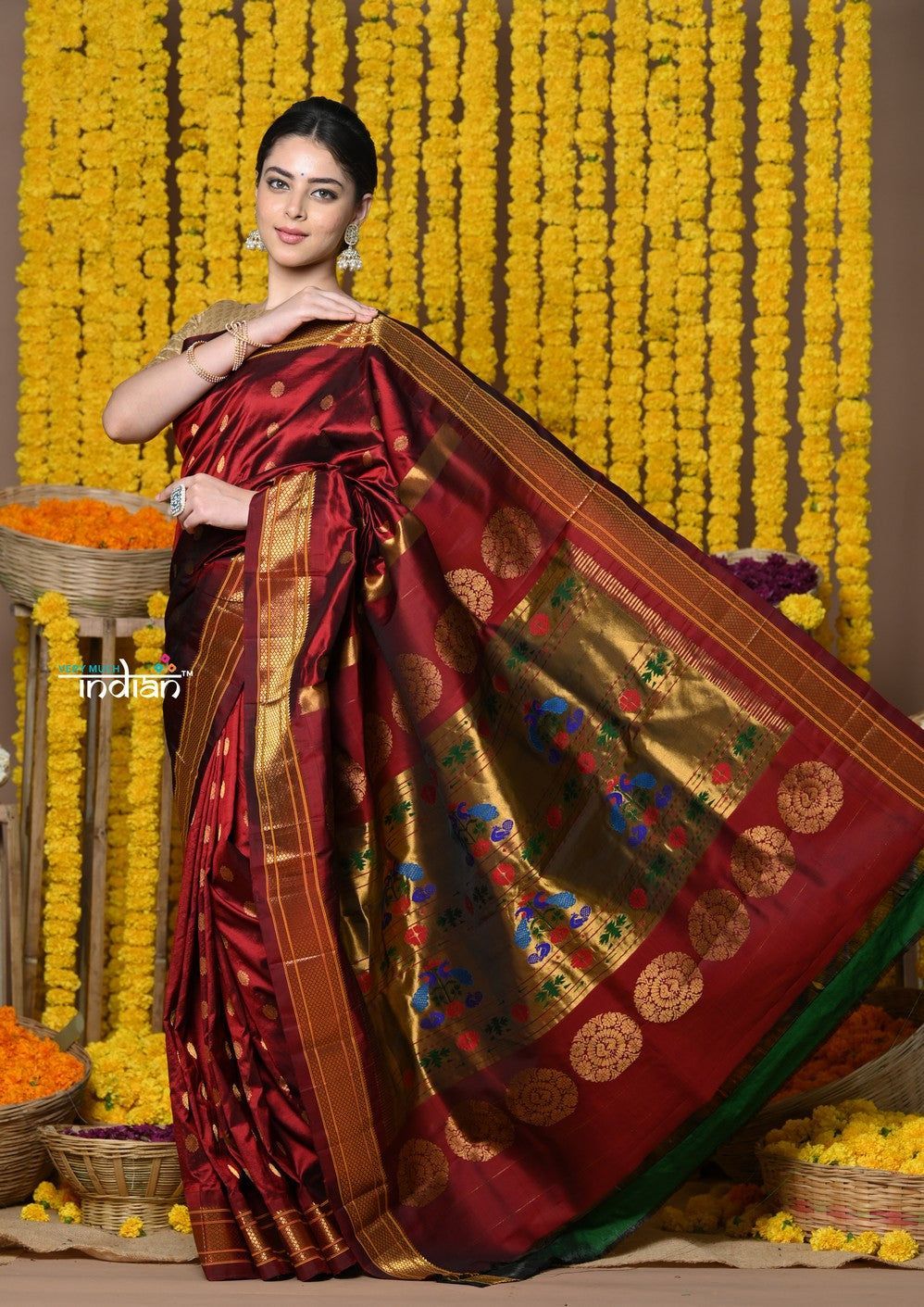 Rajsi~ Handloom Pure Silk Maharani Paithani With Handcrafted Traditional Maharani Pallu~ Maroon