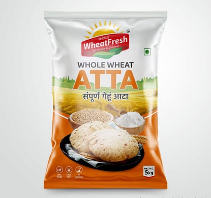 Bhos's WheatFresh Whole Wheat Atta | White And Orange | 5kg | Fiber Rich, No Additives, 100% Vegan | Daily Cooking