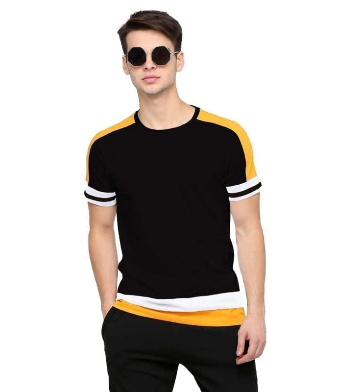 Men's Casual Colorblock Cotton Blend Round Neck T-Shirt (Black, XL)-PID47784