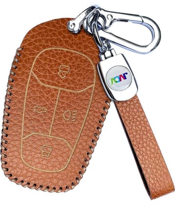 Soft Handmade Lychee Pattern Leather Key Cover Compatible with TATA NEXON, Harrier, ALTROZ, TIGOR BS6, Safari 2021 Safari Gold, Punch 4 Button Smart Key