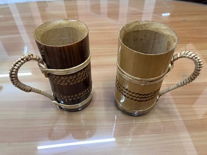 Handcrafted Bamboo Beer Mugs with Woven Handles, Natural Wood Finish, Set of 2