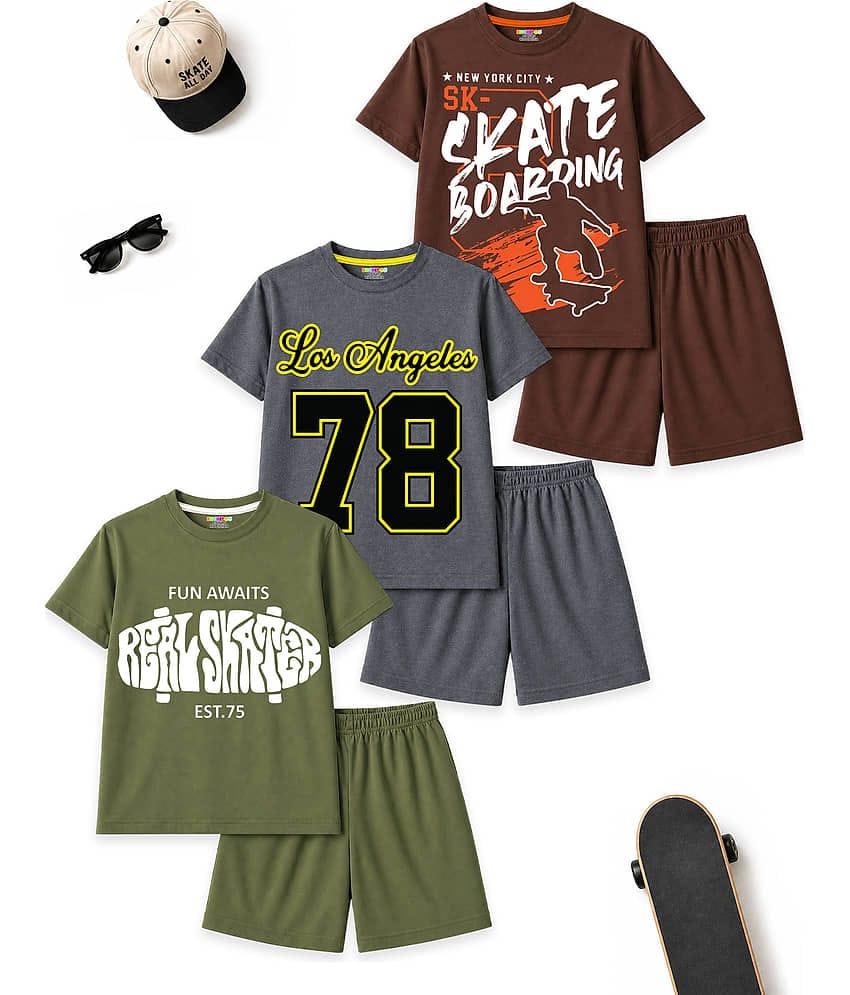 Kuchipoo Boys Cotton Blend T-Shirt & Shorts Set ( Multicolor 11 , Pack of 3 )