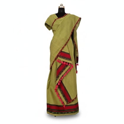 Handloom Olive Green Cotton Saree with Tassels