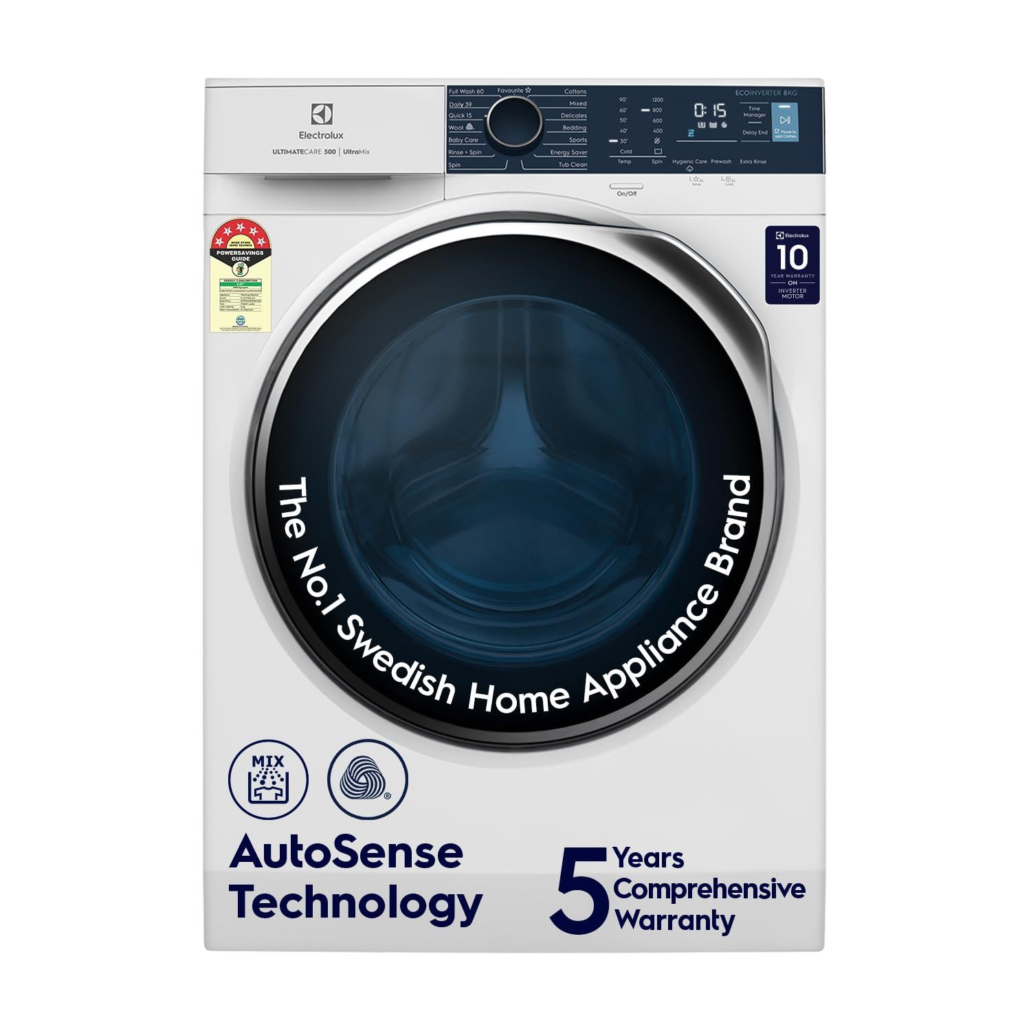 Electrolux 8kg 5 Star Front Load Washing Machine, 5 Year Warranty, AutoSense Technology, Full Load Vapour Wash, Hygienic Care, Woolmark, EcoInverter Motor, UltimateCare 500, EWF8024R5WB, White Electrolux 8kg 5 Star Front Load Washing Machine, 5 Year Warr