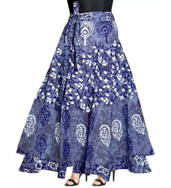 Women's Cotton Printed Wrap Around Maxi Skirt (Blue, Free Size)-PID45913