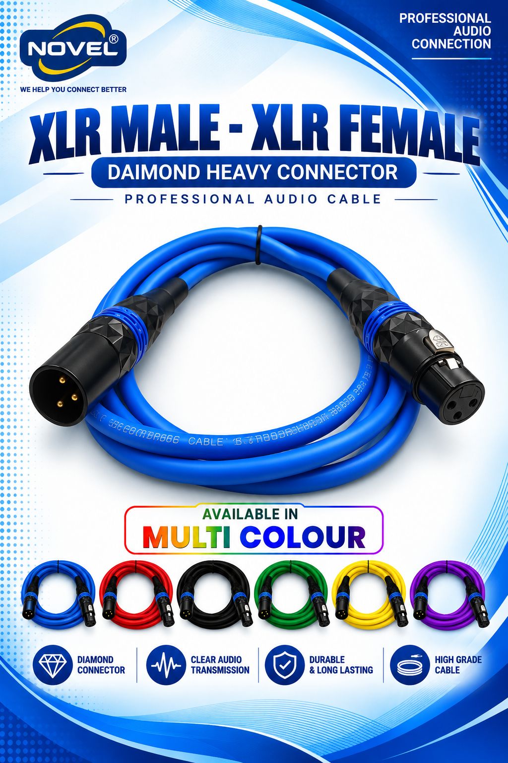 NOVEL XLR MALE - XLR FEMALE DIAMOND CONNECTOR HEAVY CABLE 5 YARD