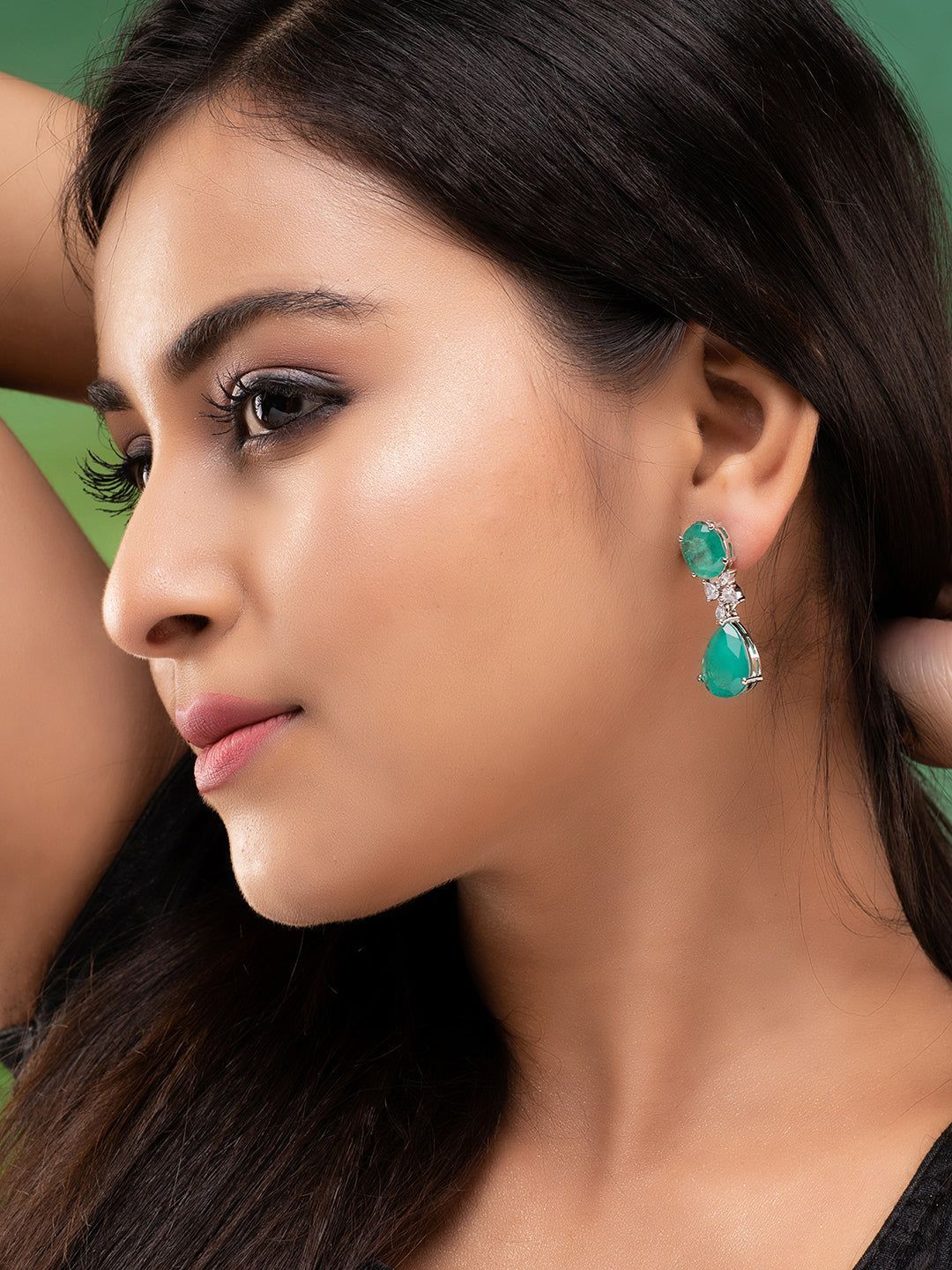 SilverPlated & Green AD Studded Drop Earrings