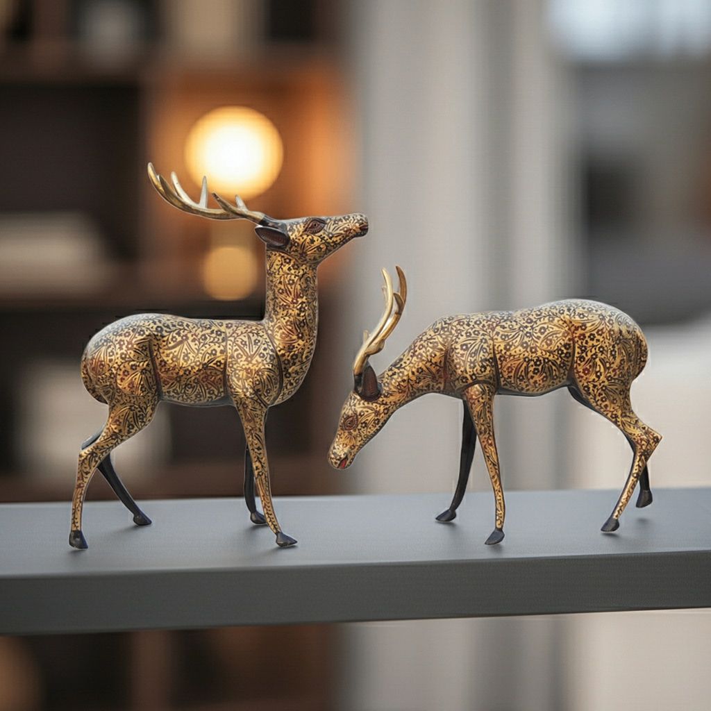 Classic Brass Deer Pair Showpiece Statue for Home Interior Decoration, Height : 25.5 Inch (ANMAS236 B)