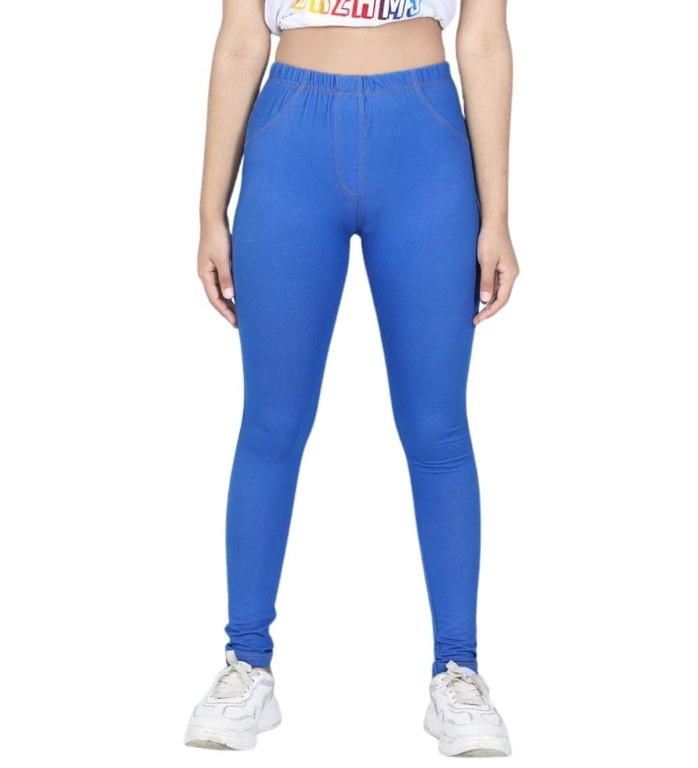 Girl's Cotton Blended Solid Elasticated Jeggings (Blue, 11-12-Yrs)-PID66072