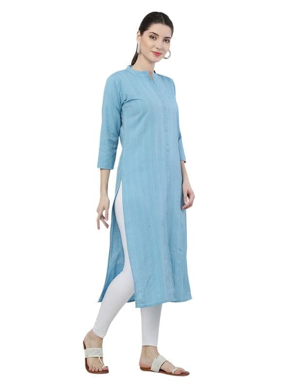Women's Casual 3/4th Sleeve Strip Viving Cotton Kurti (Blue, L)-PID46144