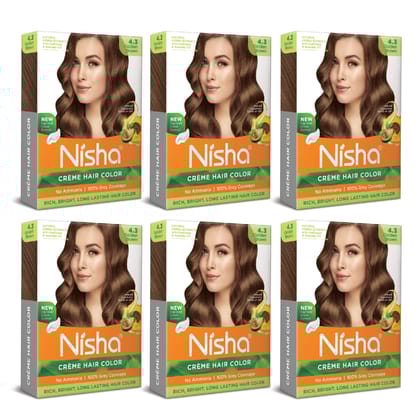 Nisha Creme Hair Color Golden Brown 40gm Pack of 6, Permanent Hair Color for Women Men, No Ammonia, 100% Grey Coverage