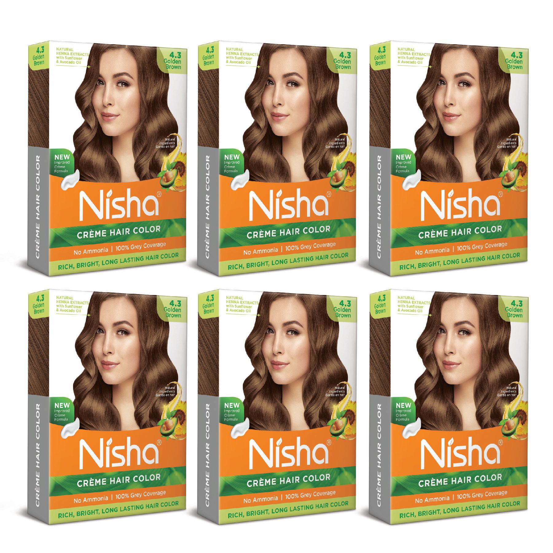 Nisha Creme Hair Color Golden Brown 40gm Pack of 6, Permanent Hair Color for Women Men, No Ammonia, 100% Grey Coverage