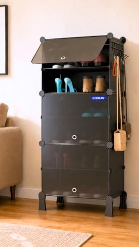 BOXJOY 6 Shelf Shoe Rack with 3 Doors, 5 Hook Steel Holder & Wooden Hammer
