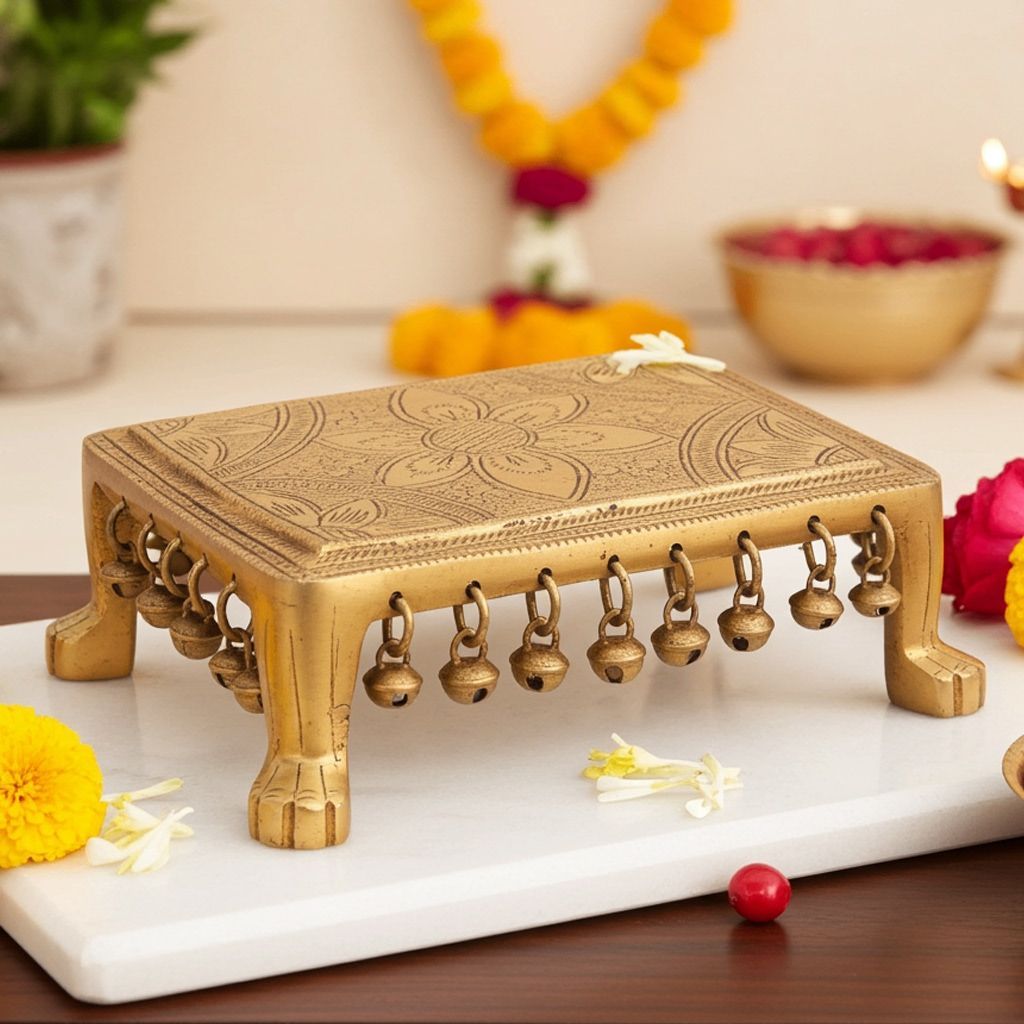 Brass Chowki Showpiece for God Idol - Handcrafted Puja Stand, Length : 10.5 Inch (BSMAS1377 E)