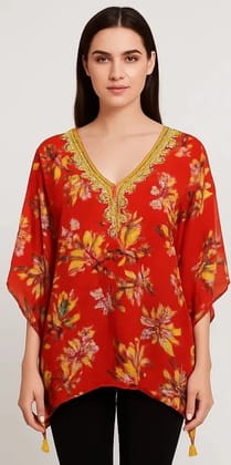 Crimson Bloom Embroidered Kaftan Top