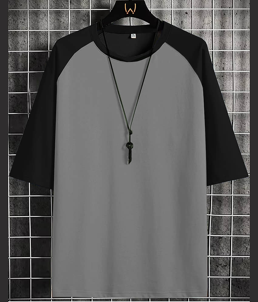 Lime Cotton Oversized Fit Colorblock 3/4th Sleeves Men's Round T-Shirt - Grey ( Pack of 1 )