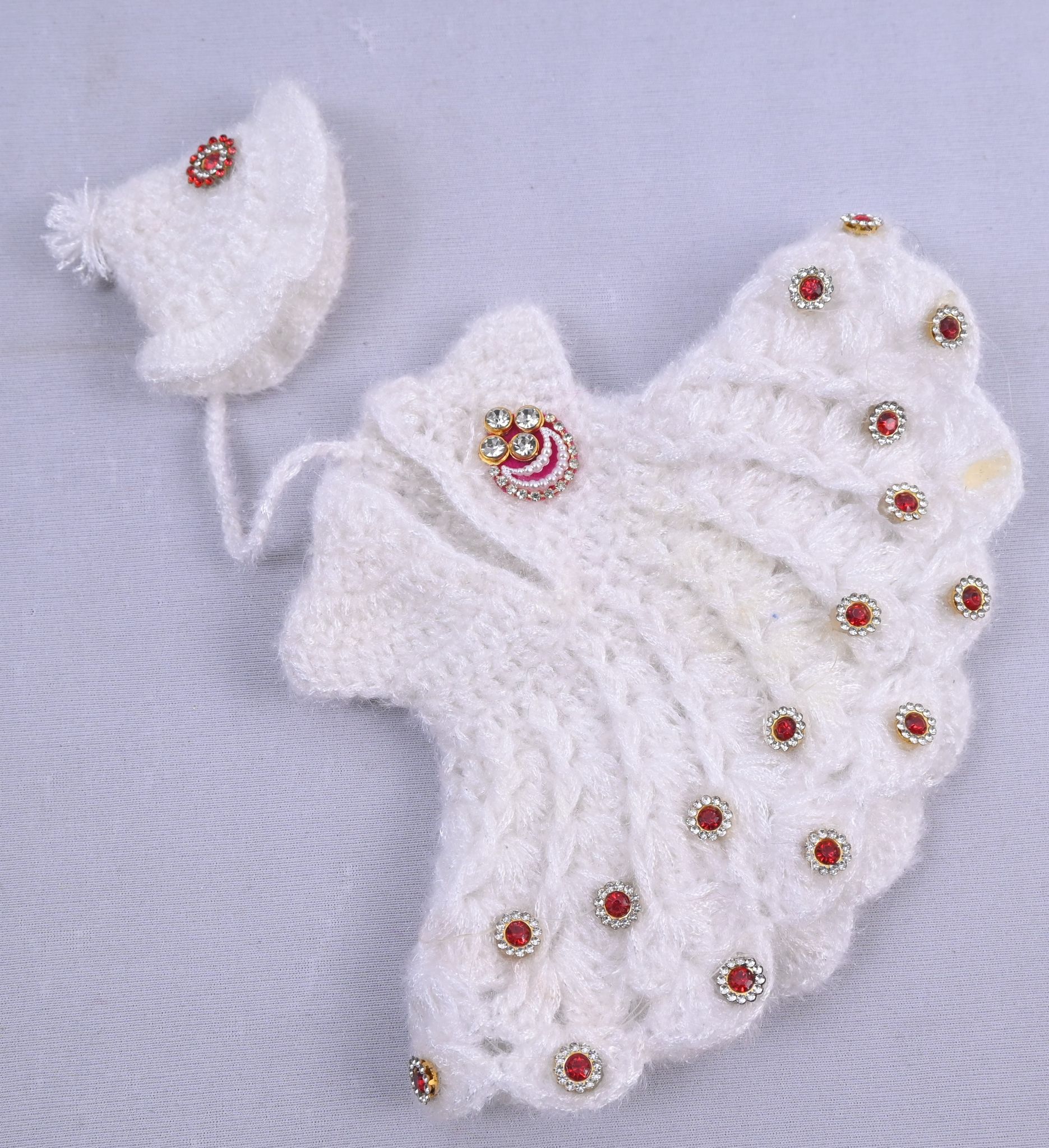 White Woolen Stone Work Designer Laddu Gopal Dress Set