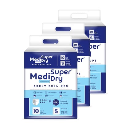 Medisuperdry Adult Diaper Pants | Small (S) |Waist 51-81 cm (20-32 inches) |High Absorbency -10 Hrs |Rash-Free |Leakproof |Breathable |Odourless |Elastic Waist |For Men & Women | 30 Units, Pack of 3