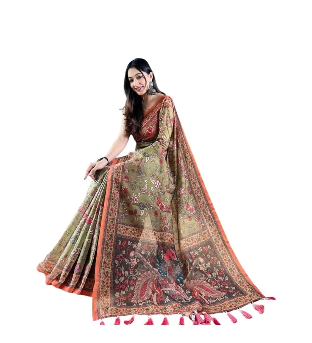 DARSHANS Women's Linen Printed Saree With Unstitched Blouse 5.5Mtr (Sea Green)-PID65165