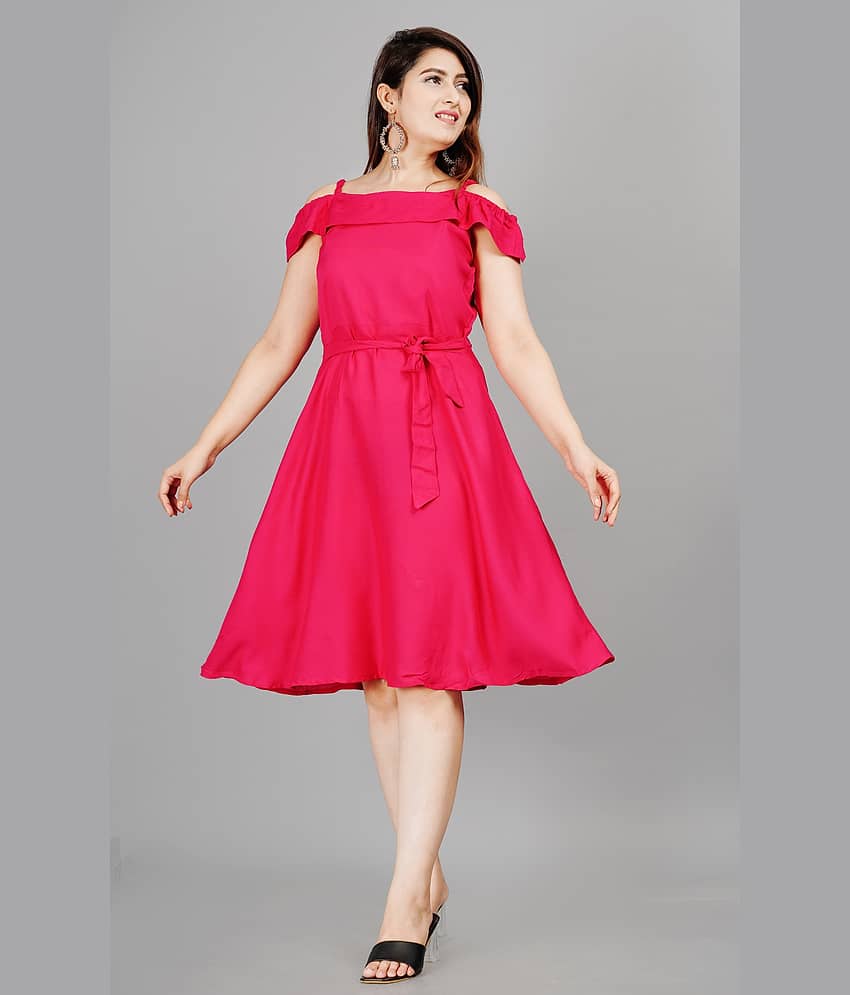 Smien Women Rayon Solid Fit & Flare Dress ( Pink )