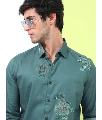 Highlander 100% Cotton Slim Fit Printed Full Sleeves Men's Casual Shirt - Teal ( Pack of 1 )