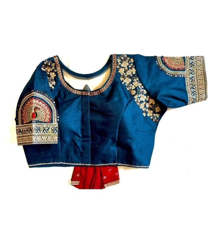 Women's Shining Silk Sequance Round Neck Short Sleeve Readymade Blouse (Teal, Free Size)-PID57770