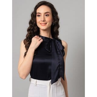PURYS Women Dark Blue Solid Regular Top