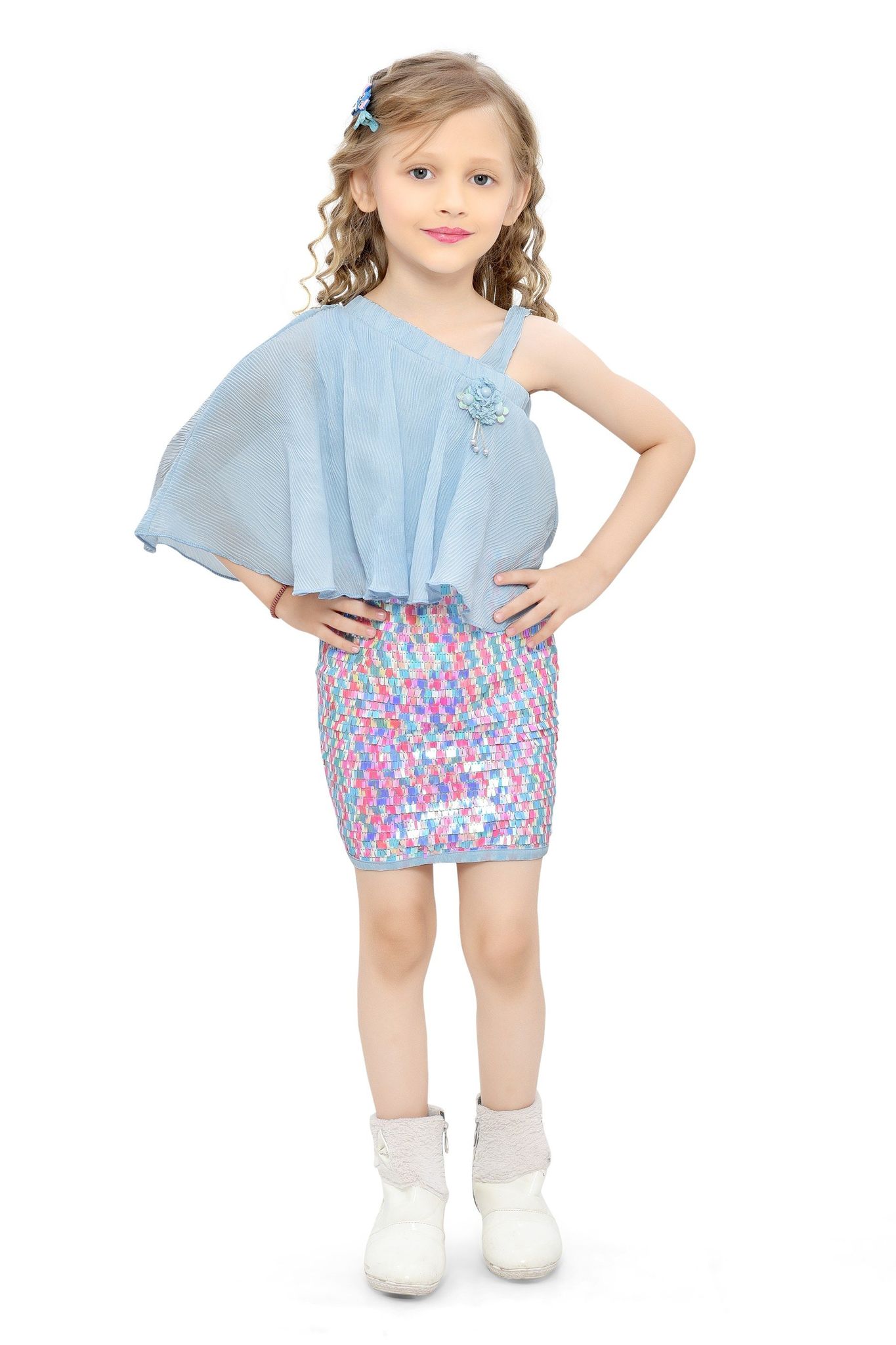 Be:Kids Enchanted Blue Flutter Sleeve Dress with Sparkling Sequin Skirt for Girls