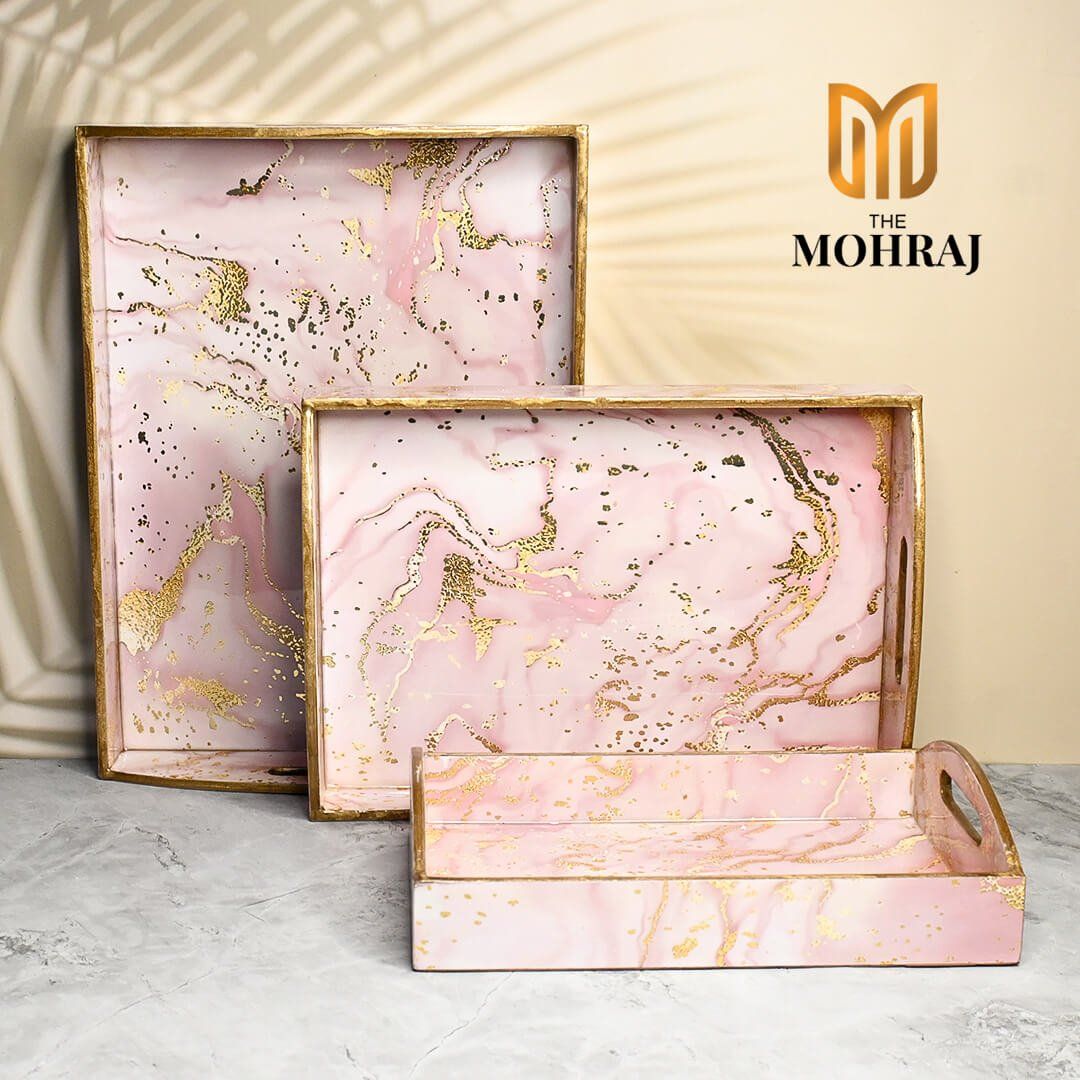 The Mohraj Pink Marble Design MDF Trays with Curved Handles Set of 3