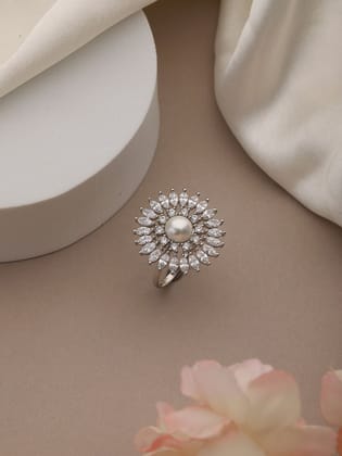 Silver Plated  Pearl Studded Minimal Finger Ring