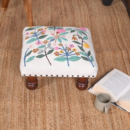 Handcrafted Floral Embroidered Stool Export Quality Wooden Footrest with Artistic Design Handcrafted Floral Embroidered Stool Export Quality Wooden Footrest with Artistic Design
