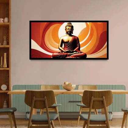 Luminary Azure Blossom Enlightenment – Contemporary Lotus Buddha Museum-Quality Cotton Canvas Handprint for Modern Hallway Décor | Frame Size (127 X 69 Cm) | Frame Type (Black) | 5-Year Warranty