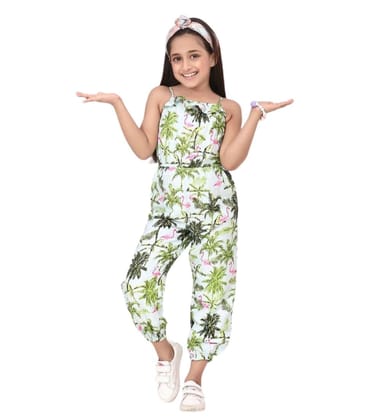 Girl's Denim Embroidered Sleeveless Jumpsuit (White-Green, 5-6-Yrs)-PID66083
