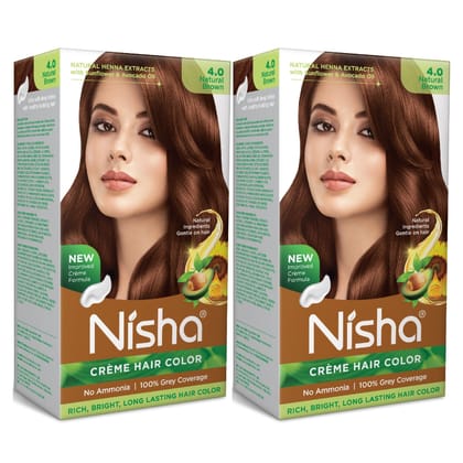 Nisha Creme Hair Color Natural Brown 60g Pack of 2, Permanent Hair Colour, No Ammonia, 100% Grey Coverage