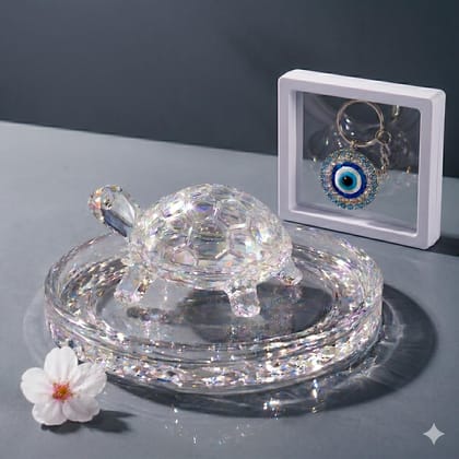 Perfect Crystal Glass Turtle with Plate, Clear, Vastu Feng Shui Decor, 10 cm Diameter, with Evil Eye Keychain Perfect Crystal Glass Turtle with Plate, Clear, Vastu Feng Shui Decor, 10 cm Diameter, with Evil Eye Keychain