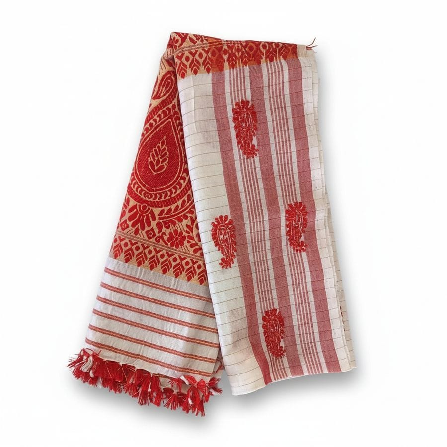 Traditional Red and White Cotton Saree
