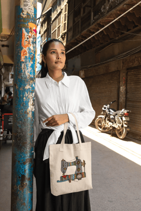 Canvas Tote Bag with Sewing Machine Print
