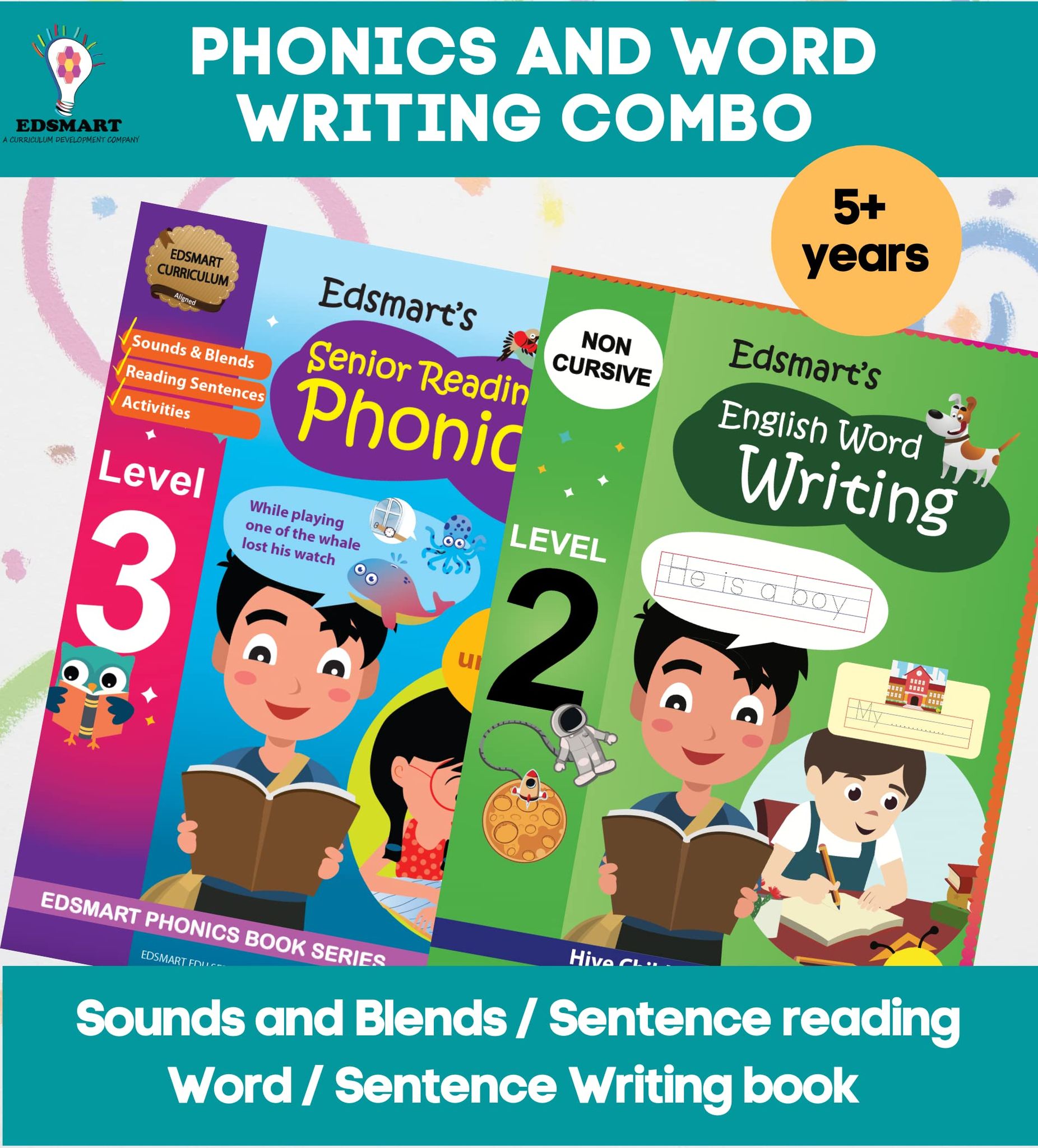 Edsmart Phonics 2 Books Combo set for Edsmart Word / Sentence Writing book - Vowel Letter sounds, phonics activity book, sentence reading, three letter word / Sentence Writing Practice [Paperback] [Jan 01, 2022] Edsmart Edu Services Pvt Ltd