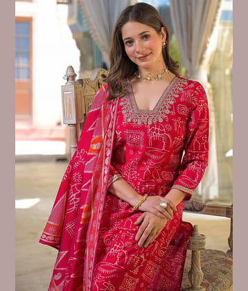 Vaamsi Women Viscose Self Design Straight Kurti With Pants ( Red )