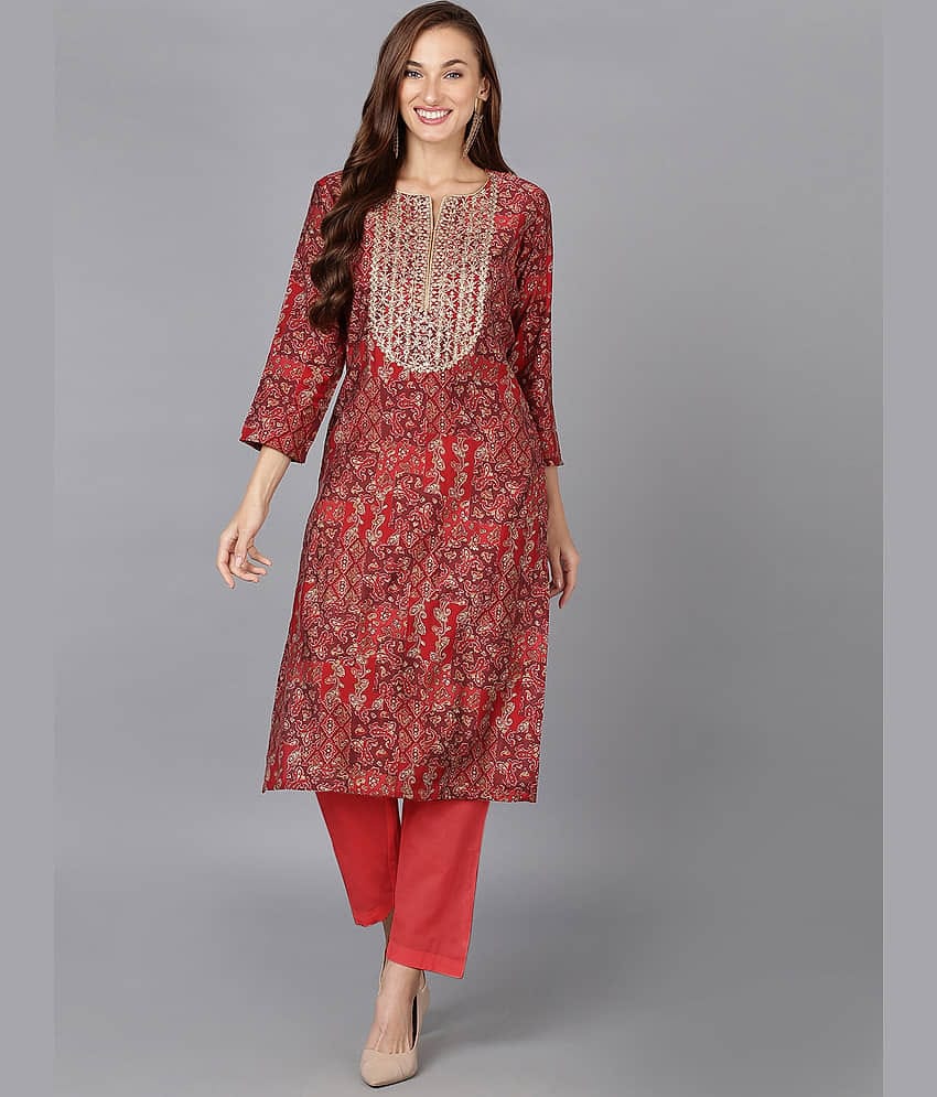 Vaamsi Silk Blend Embroidered Straight Women's Kurti - Red ( Pack of 1 )