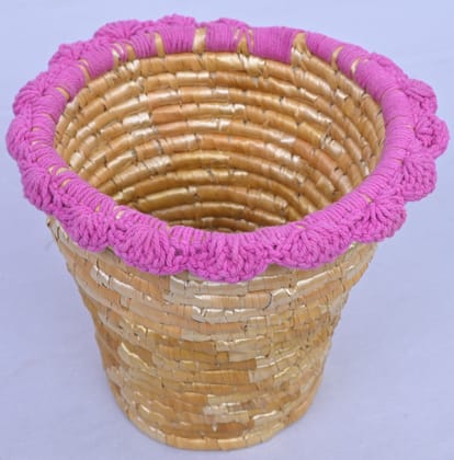 Handwoven Wheatgrass Planter Basket with Crochet Rim Handwoven Wheatgrass Planter Basket with Crochet Rim