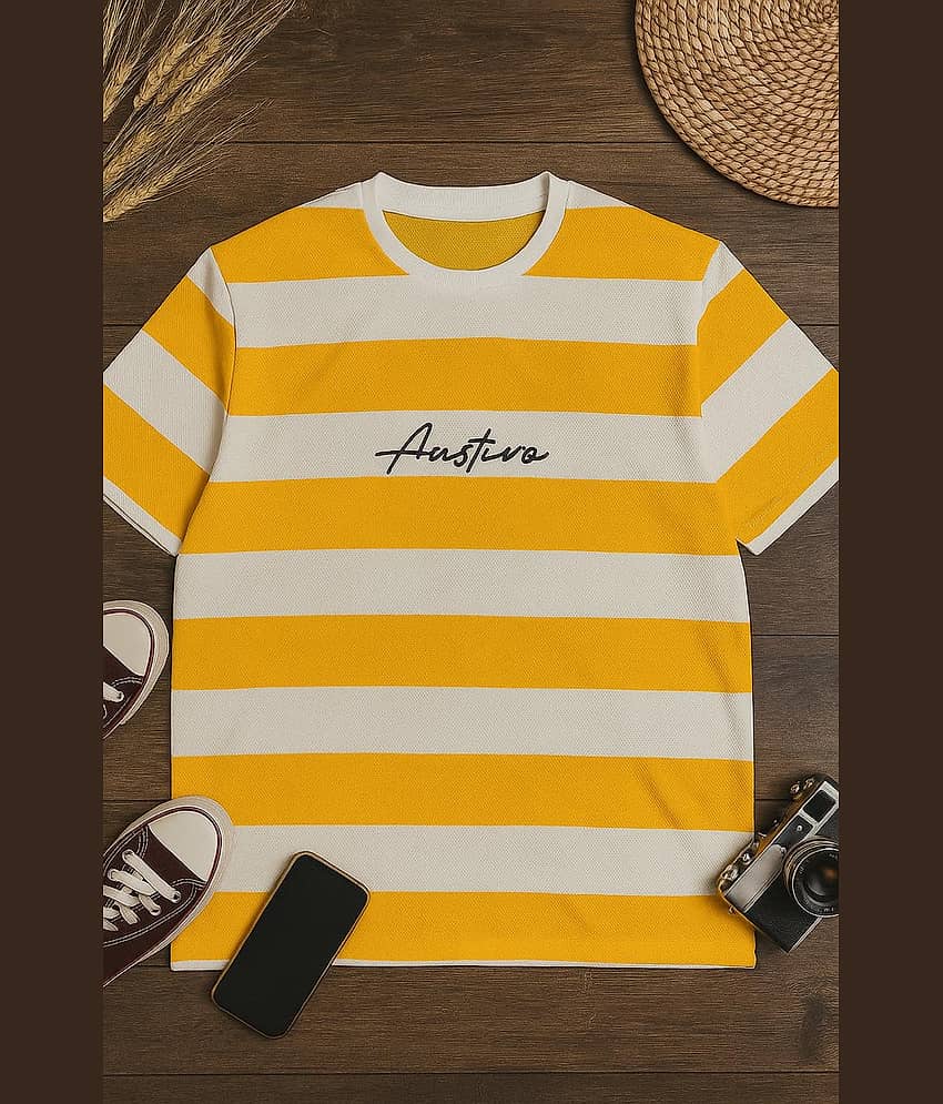 AUSTIVO Men Cotton Blend Regular Fit Striped T-Shirt ( Yellow )