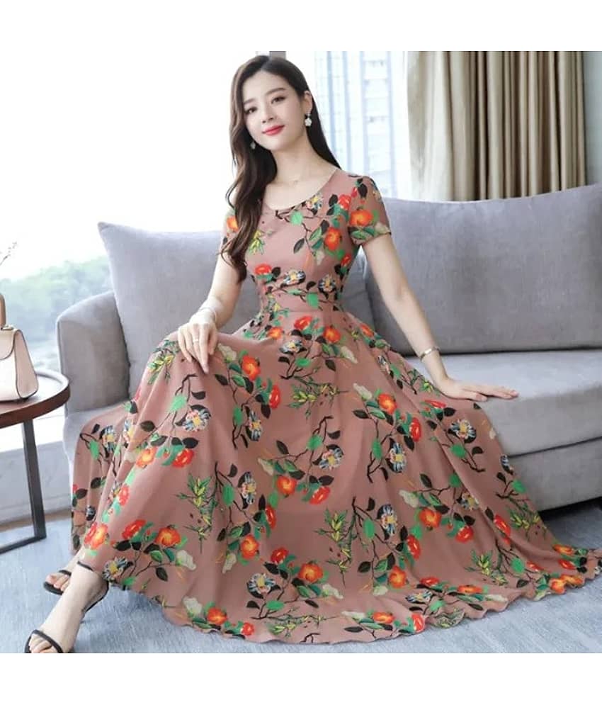 RAABTA FASHIION Women Crepe Printed Fit & Flare Dress ( Peach )