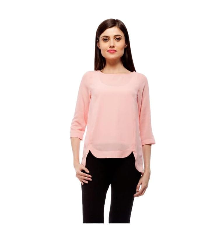 Women's Polyester Solid 3-4th Sleeves Regular Top (Peach, S)-PID55861