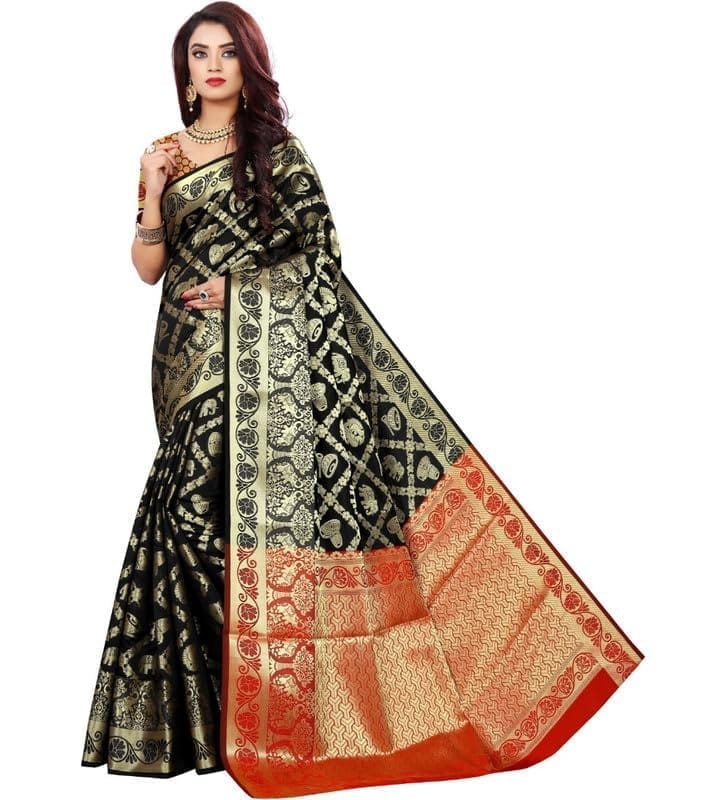 Women's Jacquard Woven Saree With Unstitched Blouse 5.5Mtr (Black)-PID54602