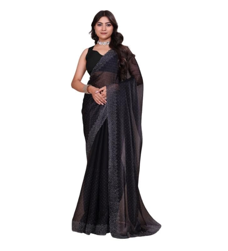 Women's Poly Silk Embellished Bollywood Saree With Unstitched Blouse 5.5Mtr (Black)-PID62023