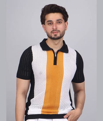 FEVERFEW Men Cotton Blend Regular Fit Striped Polo T Shirt ( Black )