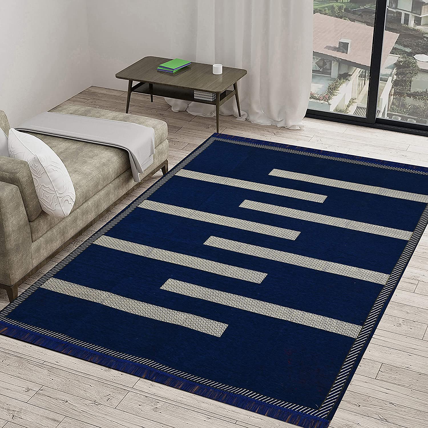RADECOR Tile Design Sleek and Spacious Rectangular Chenille Carpet with Binding | Area Rug | Durries for Living Room, Bedroom | 5X7 Feet (210 Cmx152 Cm)