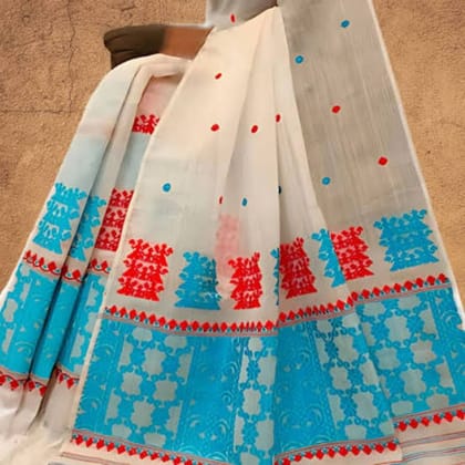 Handloom White Cotton Saree with Red & Blue Motifs