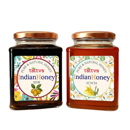 IndianHoney Rajasthan Acacia with Sidr Honey Combo (Pack of 2) | Pure & Natural | 1kg (500g Each) | Unprocessed & Unfiltered Natural Sweetener